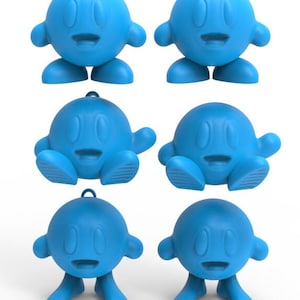 Puede incluir: Seis figuritas azules impresas en 3D de un personaje de dibujos animados con un cuerpo redondo, dos ojos, una boca y piernas cortas. Las figuritas están en diferentes poses.