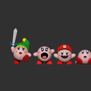 May include: Five pink cartoon characters with different expressions and costumes. The character on the left is holding a sword and wearing a green hat. The character in the middle is wearing a red hat and has a mustache. The other characters are wearing different hats and have different expressions.