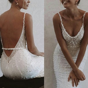 Abito da sposa con illusione sulla schiena bassa Abito da sposa in pizzo Boho Abito a sirena semplice Abito Boho lucido senza schienale per abiti da sposa personalizzati con schiena aperta