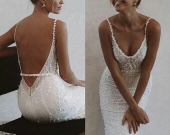 Low Back Illusion Wedding Dress Boho Lace Bridal Gown Simple Mermaid dress Bohemian Shiny Backless dress for Bride Custom Open Back dresses