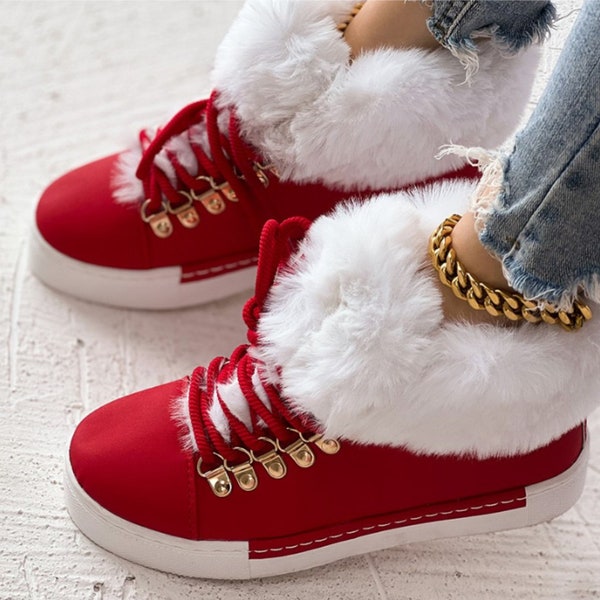 Chaussures à lacets rouges pour femme Bottes pelucheuses Bottines Chaussures plates Bout rond Bottes de fourrure pour Noël Chaussures en cuir Bottes de neige à talons Cadeaux pour elle