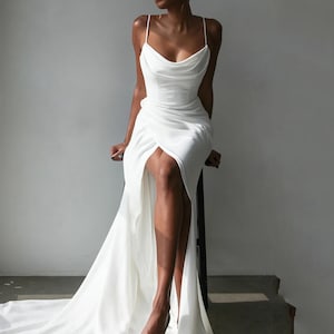 Simple Ivory Satin Strapless A Line V Neck Wedding Dresses With Slit PW273