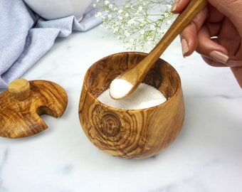Olive wood sugar bowl with spoon, wooden spice box, salt box, storage box