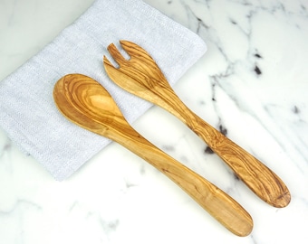 Olive wood salad servers 26/30 cm, wooden salad fork and spoon