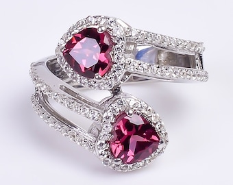 Bague de mariage en forme de cœur, bague de fiançailles, bague de promesse grenat double pierre précieuse pour elle, argent sterling 925, pierre précieuse naturelle, bague Art déco