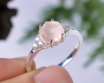 Natural Rose Quartz Ring For Women,Engagement Ring Solid Silver,Hexagon Cut Promise Ring For Her,925 Sterling Silver,7mm Stone,Art Deco Ring