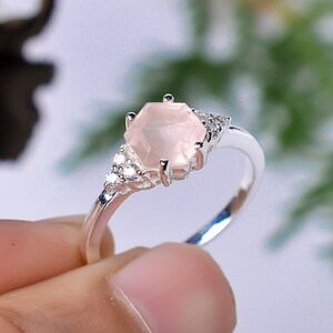 Natural Rose Quartz Ring For Women,Engagement Ring Solid Silver,Hexagon Cut Promise Ring For Her,925 Sterling Silver,7mm Stone,Art Deco Ring
