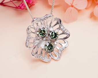 Blue Green Moissanite Flower Necklace: Sterling Silver Pendant