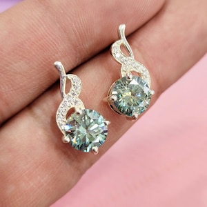 Blue Green Moissanite Stud Earrings, 925 Sterling Silver, Gold on Silver, Engagement Gift, Silver Stud Earring, Wedding  Anniversary Gift