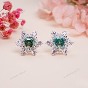Blue Green Moissanite Stud Earring-925 Sterling Silver-Engagement Gift-Anniversary Gift-For Her-Silver Stud Earrings-Wedding Gift-For Her
