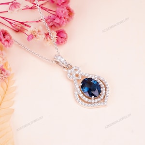 London Blue Topaz Pendant-November Birthstone Necklace Women-925 Sterling Silver-Unique Necklace-For Bridal-For Her-Engagement Gift