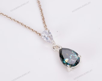 Blue Green Moissanite Pendant-Gemstone Necklace-For Women-925 Sterling Silver-Drop Shape-Wedding Gift-For Bridal-For Her-Engagement Gift