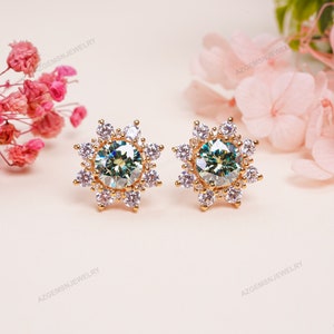 Blue Green Moissanite Stud Earrings, 925 Sterling Silver, Gold on Silver, Engagement Gift, Silver Stud Earring, Wedding  Anniversary Gift