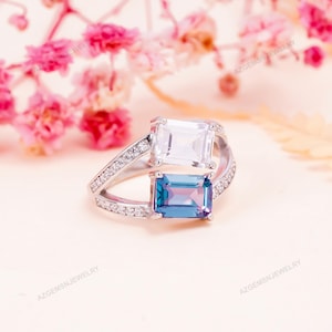 Emerald Cut Alexandrite Ring: 925 Sterling Silver Color Change Gemstone