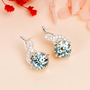 Blue Green Moissanite Stud Earrings, 925 Sterling Silver, Gold on Silver, Engagement Gift, Silver Stud Earring, Wedding  Anniversary Gift