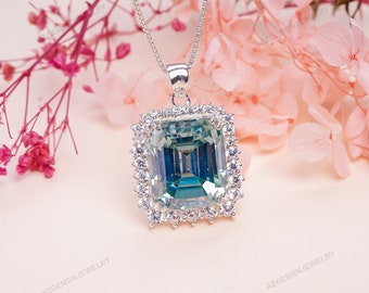 Emerald Cut Green Blue Moissanite Pendant: Sterling Silver Necklace