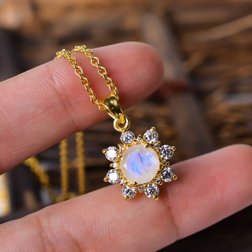 Rainbow Moonstone Necklace, Sterling Silver Moonstone Sun Pendant, Genuine Rainbow Moonstone, Chain Included, Gold | Rose Gold Plated
