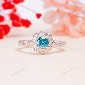 Natural Blue Zircon Ring, Round Cut Gemstone, Blue Gemstone, 925 Sterling Silver, For Women, Engagement Ring, Wedding Gift, Jewellery Gift