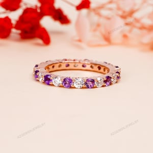 Round Amethyst Wedding Band, Delicate Purple Amethyst Eternity Wedding Ring, Unique February Birthstone Stacking Band