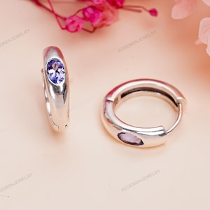Tanzanite Hoop Earring, December Birthstone Earring-Engagement Anniversary Gift-For Her-Silver Hoop Earrings-Wedding Gift-Tanzanite Jewelry