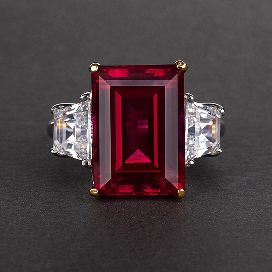 Red Moissanite Ring, 925 Sterling Silver, Emerald Shape Gemstone