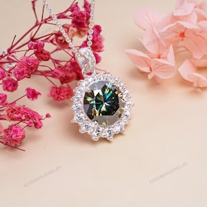 Green Moissanite Pendant, 925 Sterling Silver, Wedding Gift, Gift For Her, Antique Style Pendant, Blue and Green Moissanite Necklace Silver