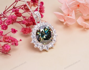 Green Moissanite Pendant: Antique Style Sterling Silver Necklace