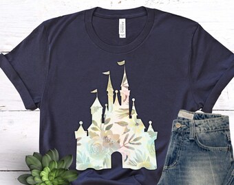 Floral Watercolor Disney Castle Shirt, Cinderella, Disney World, Disneyland, Disney Vacation, T-Shirt, T Shirt, Kids Castle Tee
