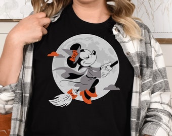 Witch Minnie Mouse with Broom and Moon Halloween Shirt, Disney Halloween Shirt, Minnie Mouse Tee