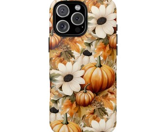 Fall Pumpkins and Floral Tough Phone Case, Autumn Hard Phone Case, iPhone Case, Samsung Galaxy Phone Case, Pixel Case