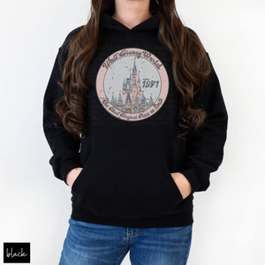 Puede incluir: Sudadera negra con capucha con un gr&aacute;fico rosa y azul del Castillo de Cenicienta. El gr&aacute;fico es un c&iacute;rculo con el texto "Walt Disney World since 1971 The Most Magical Place on Earth".