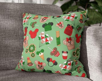 Christmas Mickey Snacks and Essentials Faux Suede Square Pillow, Disney Christmas Faux Suede Square Pillow, Mouse Snacks Pillow