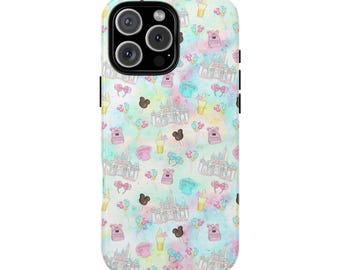 May include: A colorful phone case with a watercolor design featuring a castle, balloons, ice cream cones, and Mickey Mouse ears. The case is designed for an iPhone 14 Pro Max.