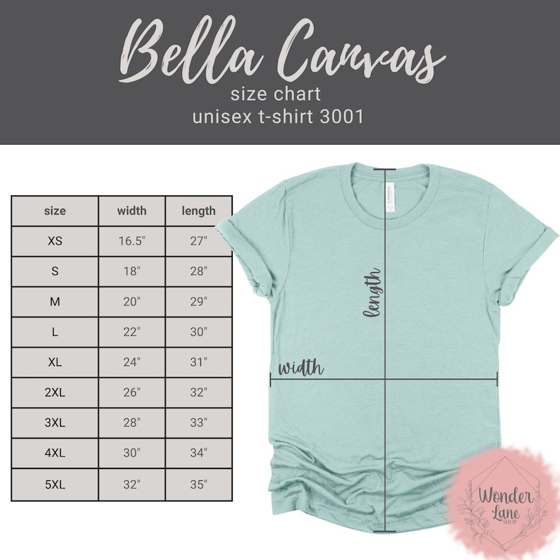 May include: Size chart for a unisex Bella Canvas t-shirt, showing measurements in inches for width and length. The chart includes sizes XS through 5XL.