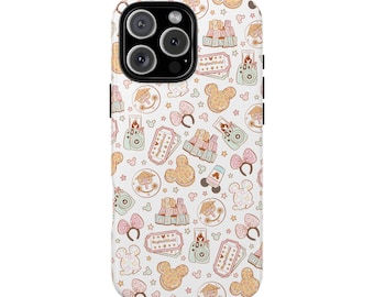 May include: A white iPhone case with a colorful pattern of Mickey Mouse ears, castle silhouettes, and other Disney-themed icons. The case has a cutout for the camera lens.