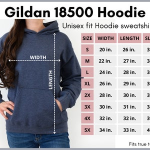 Puede incluir: Una tabla de tallas para una sudadera con capucha unisex Gildan 18500. La tabla muestra el ancho, la longitud y la longitud de la manga en pulgadas para las tallas S a 5X.