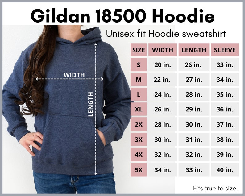 Puede incluir: Una tabla de tallas para una sudadera con capucha unisex Gildan 18500. La tabla muestra el ancho, la longitud y la longitud de la manga en pulgadas para las tallas S a 5X.