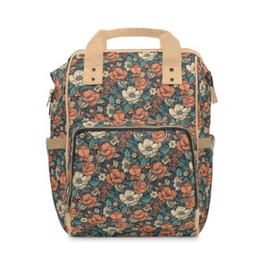 May include: A floral patterned backpack with a tan leather handle and zippered pockets. The backpack has a large main compartment and a smaller front pocket.