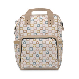 Mickey Mouse Checkered Multifunctional Diaper Backpack, Disney Diaper Bag, Neutral Colors Diaper Backpack, Park Bag