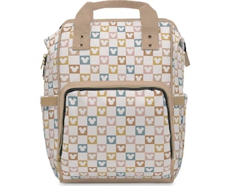 Mickey Mouse Checkered Multifunctional Diaper Backpack, Disney Diaper Bag, Neutral Colors Diaper Backpack, Park Bag