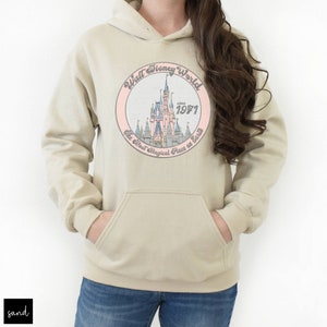 Puede incluir: Una sudadera con capucha beige con un estampado gr&aacute;fico rosa y azul del castillo de Cenicienta. El gr&aacute;fico incluye el texto "Walt Disney World since 1971 The Most Magical Place on Earth".