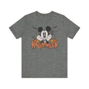 May include: A heather gray t-shirt with a cartoon image of Mickey Mouse peeking out from behind three jack-o'-lanterns. The text "HALLOWEEN" is printed in orange below the image.