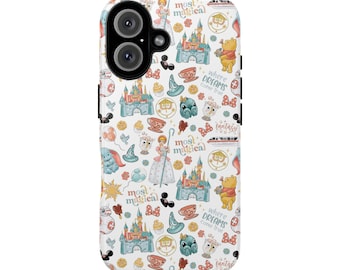 May include: A white phone case with a colorful pattern of Disney characters and icons. The case features images of Mickey Mouse, Winnie the Pooh, Cinderella, and other Disney characters. The text "most magical" and "where dreams come true" is repeated throughout the pattern.
