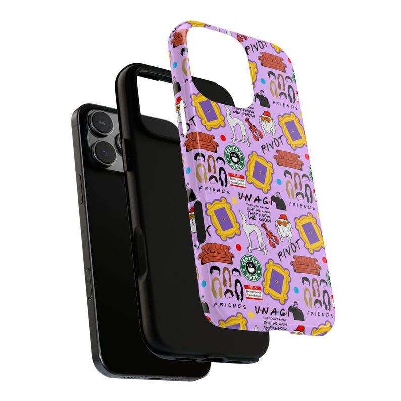 May include: Purple phone case with a repeating pattern of Friends TV show characters, logos, and phrases like "Pivot", "Unagi", and "We were on a break".