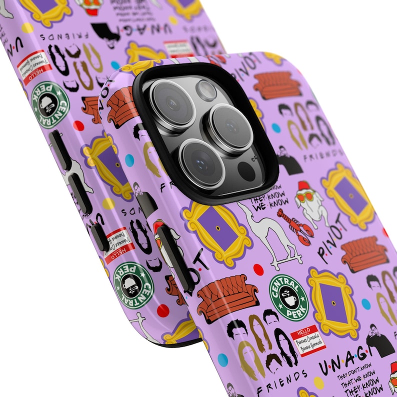 May include: Purple iPhone case with a Friends TV show theme. The case features a repeating pattern of iconic images from the show, including the Central Perk logo, the iconic orange couch, and the words "Friends" and "Unagi".