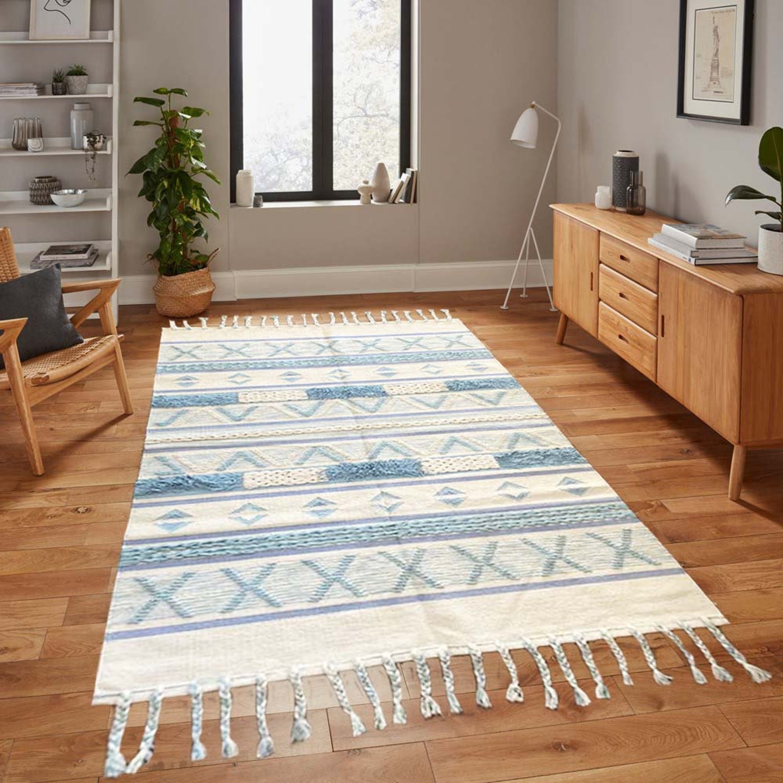 Ivory rug with blue accent Boho rug geometric pattern rug Etsy