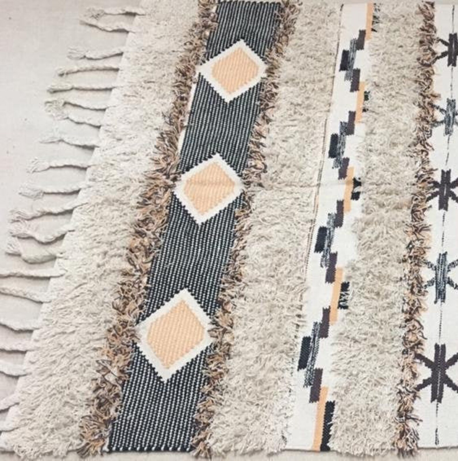 Diamond pattern ivory rug Tassled rug Boho Ivory rug Gift Etsy