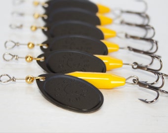 Handmade Spinner Fishing Lure • Yellow w/ Black Blade • Inline Spinner • Made in Canada • Trout Salmon Bass Pike Perch Walleye Fishing Gift-