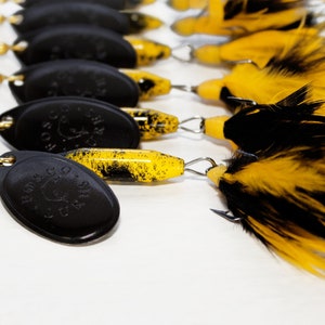 Handmade Spinner Fishing Lure • Yellow/Black w/ Black Blade • Dressed Hook • Inline Spinner • Made in Canada • Trout Salmon Bass Pike Perch