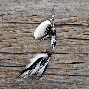 Handmade Spinner Fishing Lure • White/Black w/ Nickel Blade • Dressed Inline Spinner • Made in Canada • Trout Salmon Bass Pike Perch Walleye